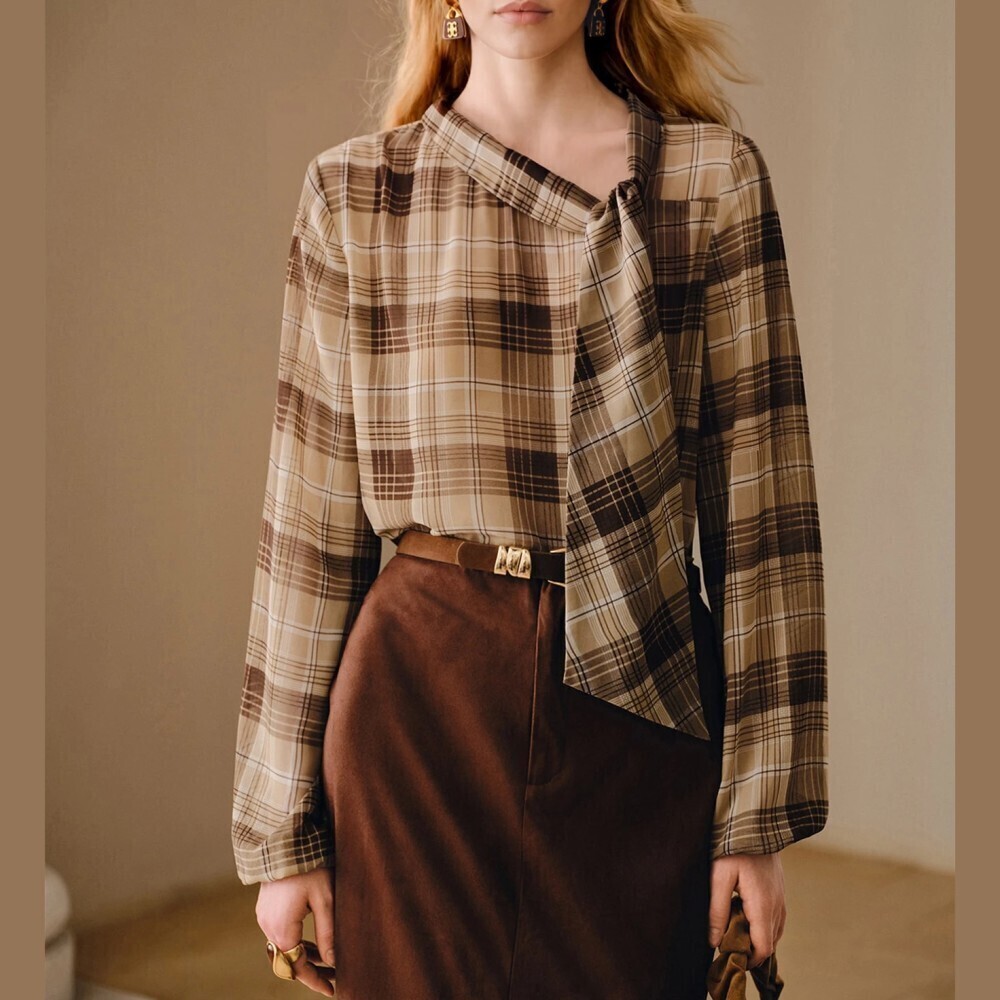 Brown Tan Plaid Asymmetrical Neck Long Sleeve Tie Blouse